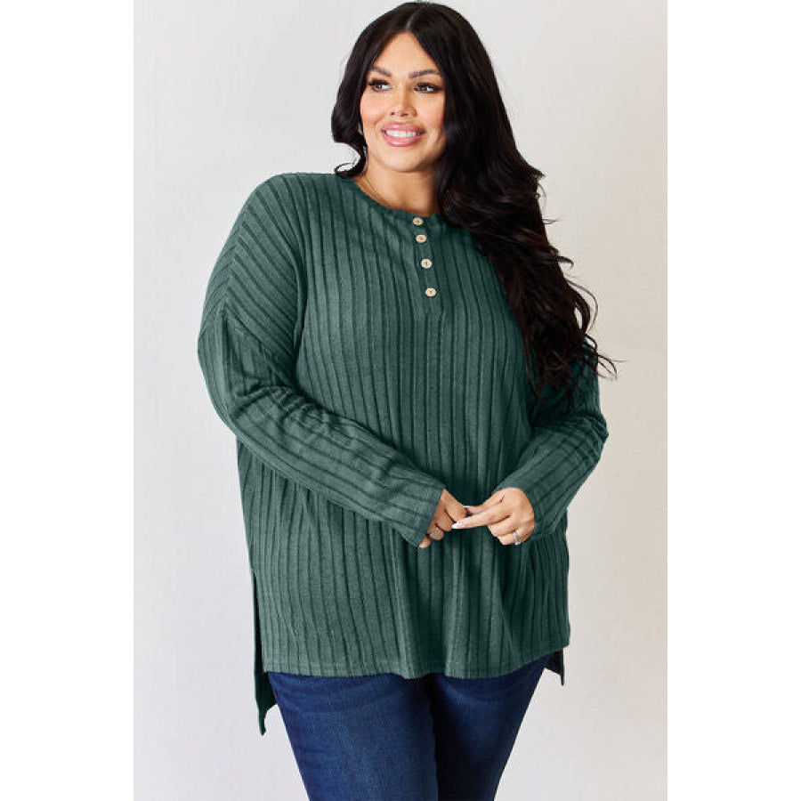 Basic Bae Full Size Ribbed Half Button Long Sleeve High-Low T-Shirt Apparel and Accessories
