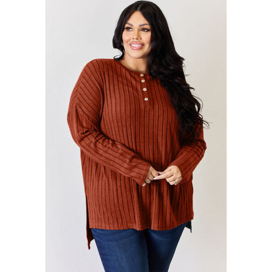 Basic Bae Full Size Ribbed Half Button Long Sleeve High-Low T-Shirt Apparel and Accessories
