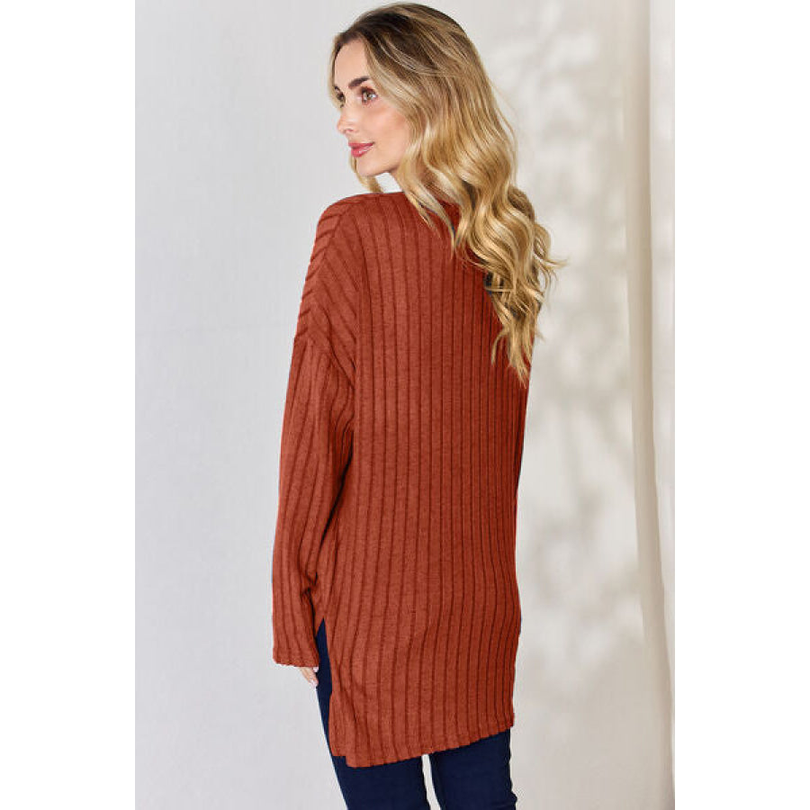 Basic Bae Full Size Ribbed Half Button Long Sleeve High-Low T-Shirt Apparel and Accessories