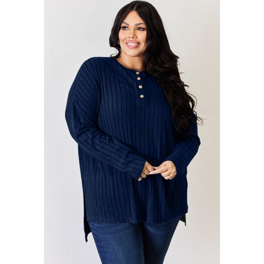 Basic Bae Full Size Ribbed Half Button Long Sleeve High-Low T-Shirt Apparel and Accessories