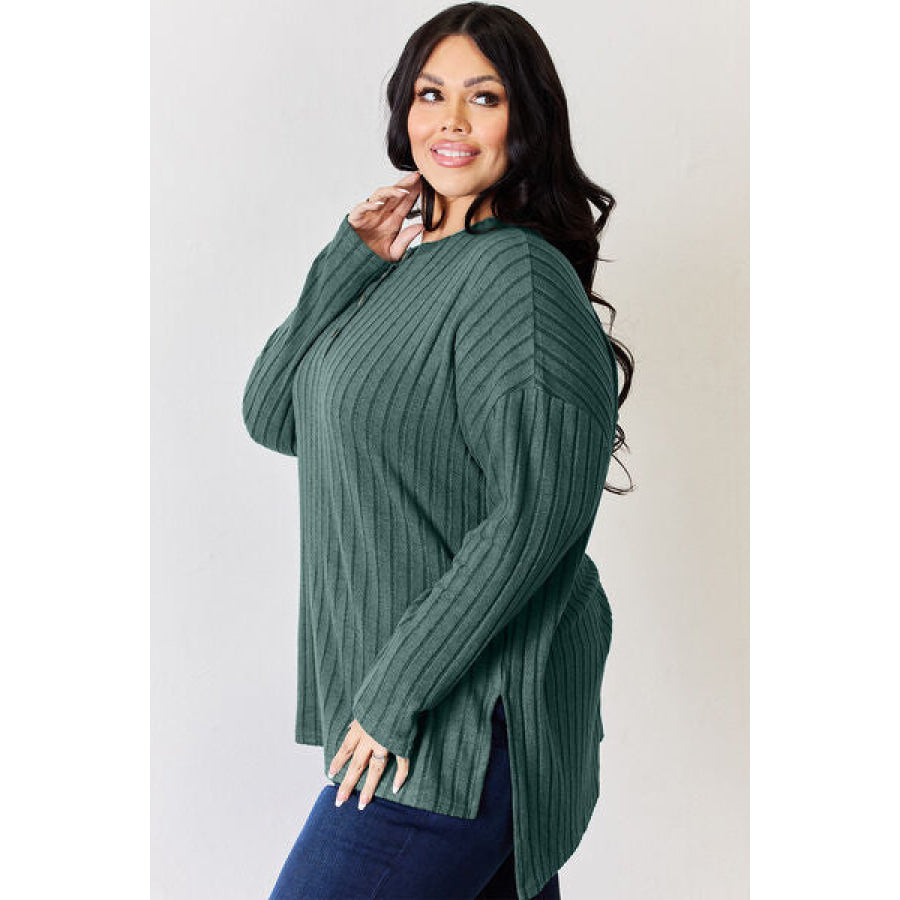 Basic Bae Full Size Ribbed Half Button Long Sleeve High-Low T-Shirt Apparel and Accessories