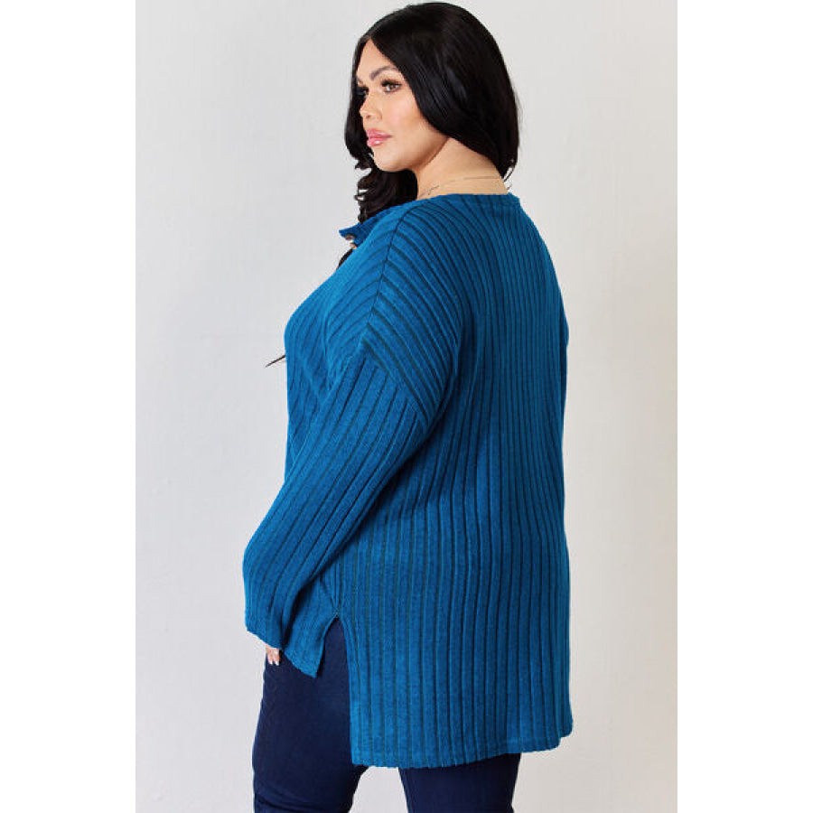 Basic Bae Full Size Ribbed Half Button Long Sleeve High-Low T-Shirt Apparel and Accessories