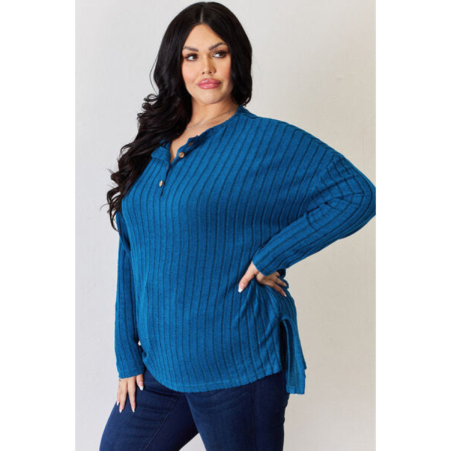 Basic Bae Full Size Ribbed Half Button Long Sleeve High-Low T-Shirt Apparel and Accessories