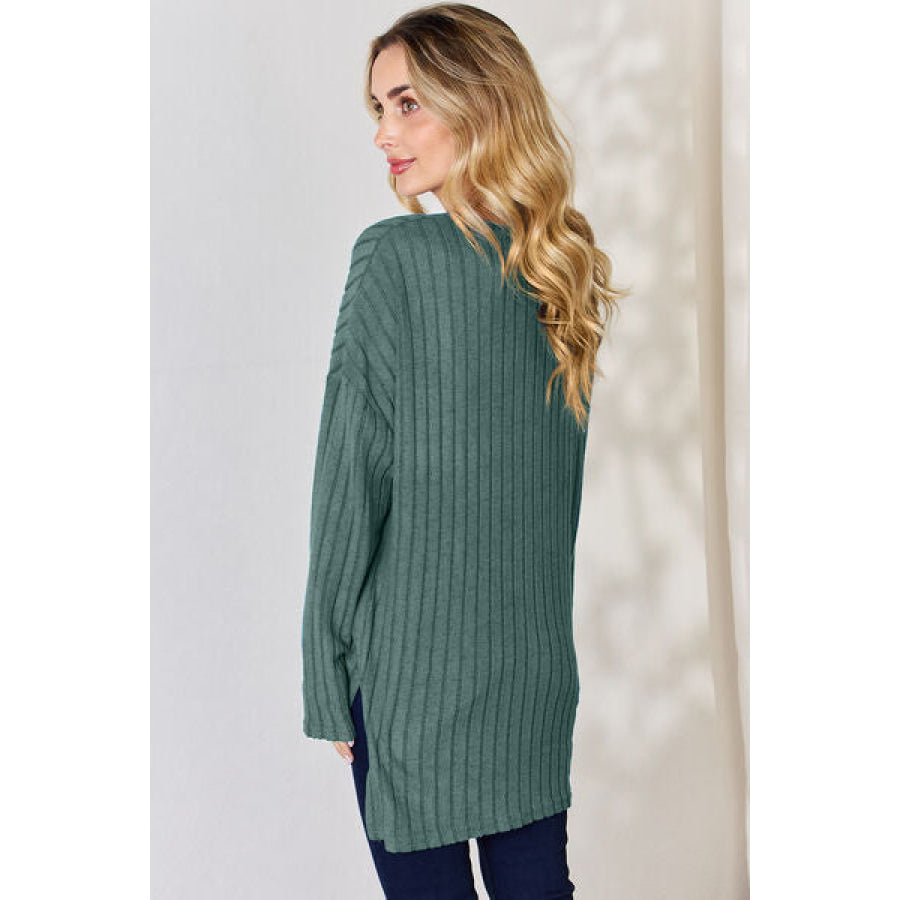 Basic Bae Full Size Ribbed Half Button Long Sleeve High-Low T-Shirt Apparel and Accessories