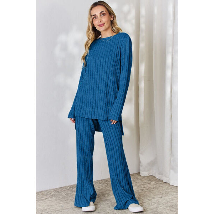 Basic Bae Full Size Ribbed High-Low Top and Wide Leg Pants Set Royal Blue / S Apparel and Accessories