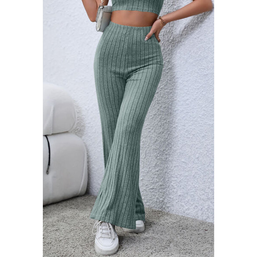 Basic Bae Full Size Ribbed High Waist Flare Pants Apparel and Accessories