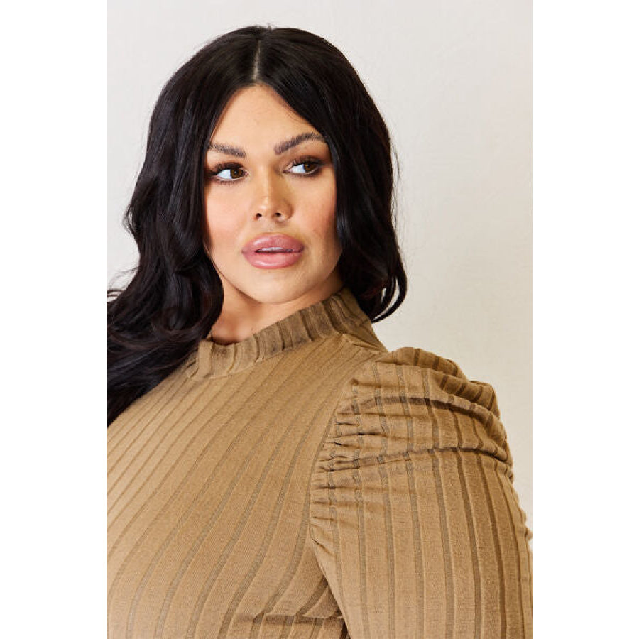 Basic Bae Full Size Ribbed Mock Neck Puff Sleeve T-Shirt Apparel and Accessories