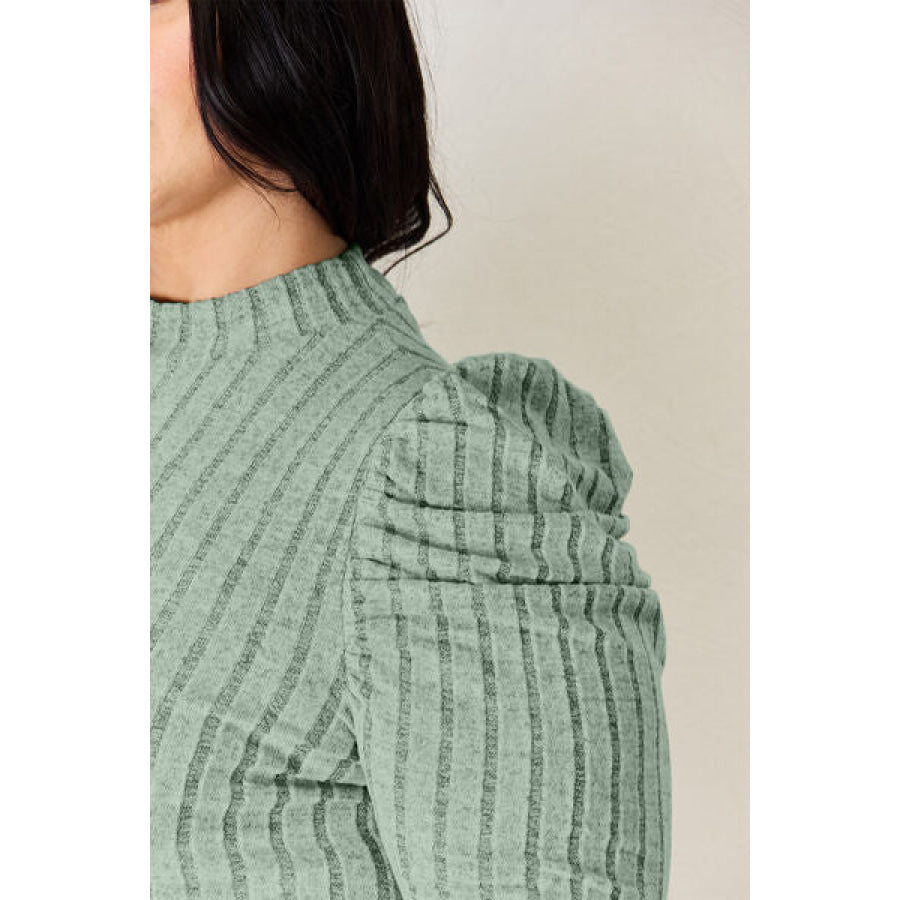 Basic Bae Full Size Ribbed Mock Neck Puff Sleeve T-Shirt Apparel and Accessories