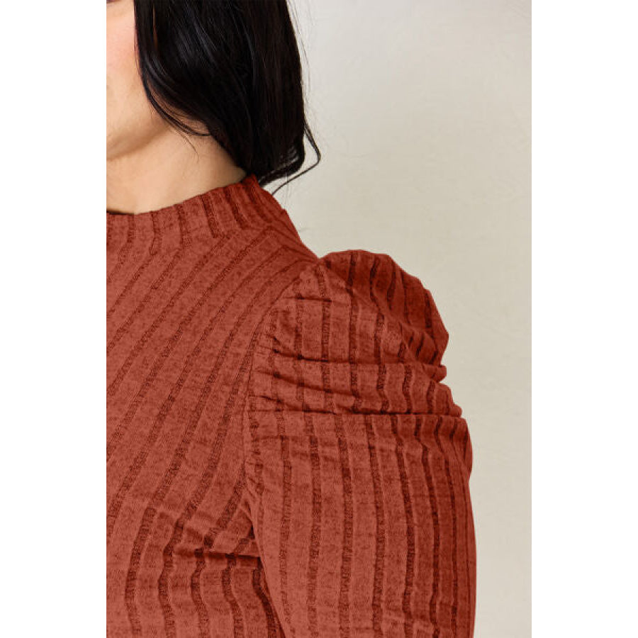 Basic Bae Full Size Ribbed Mock Neck Puff Sleeve T-Shirt Apparel and Accessories