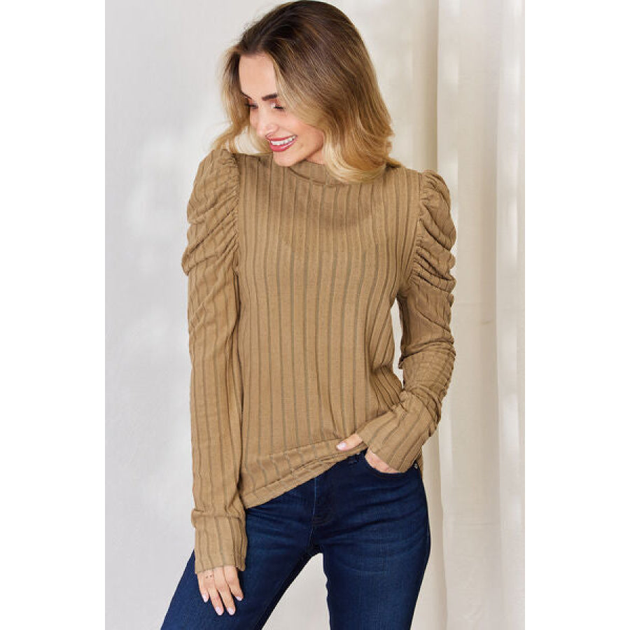 Basic Bae Full Size Ribbed Mock Neck Puff Sleeve T-Shirt Apparel and Accessories