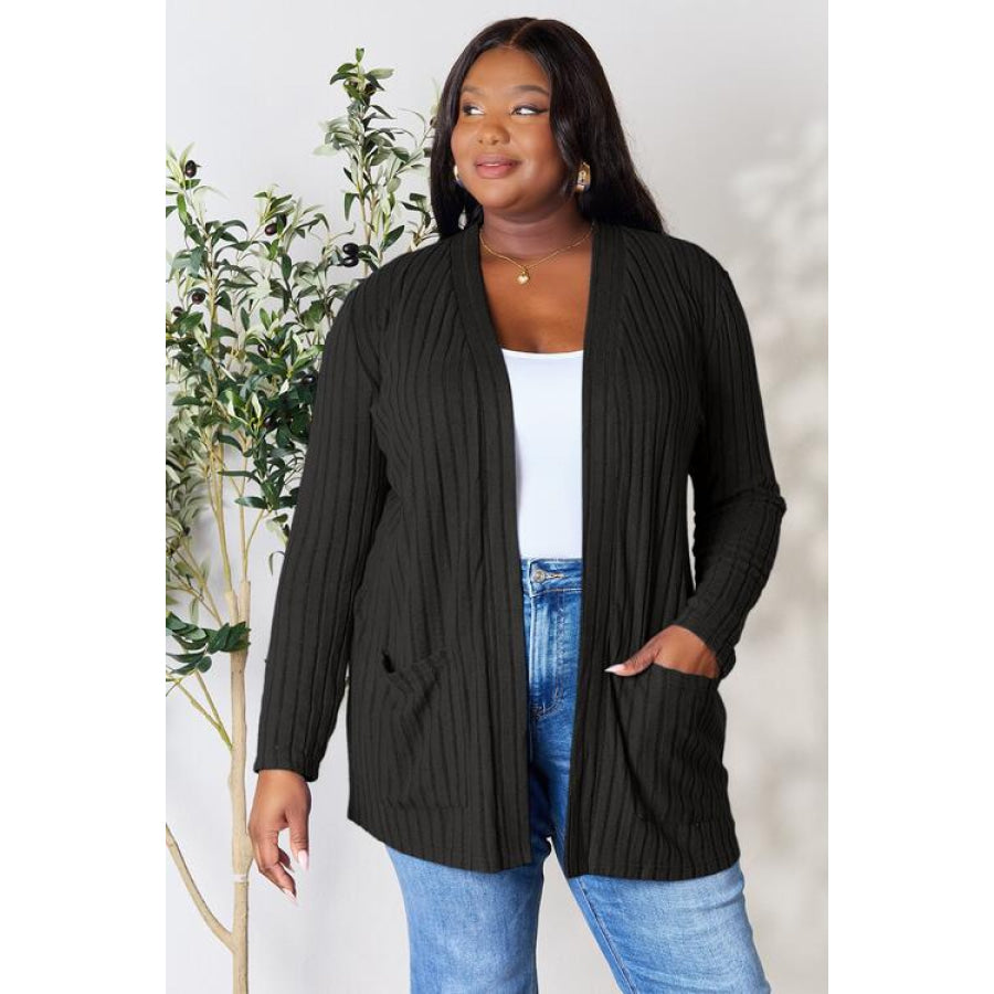 Basic Bae Full Size Ribbed Open Front Cardigan with Pockets Black / S Clothing