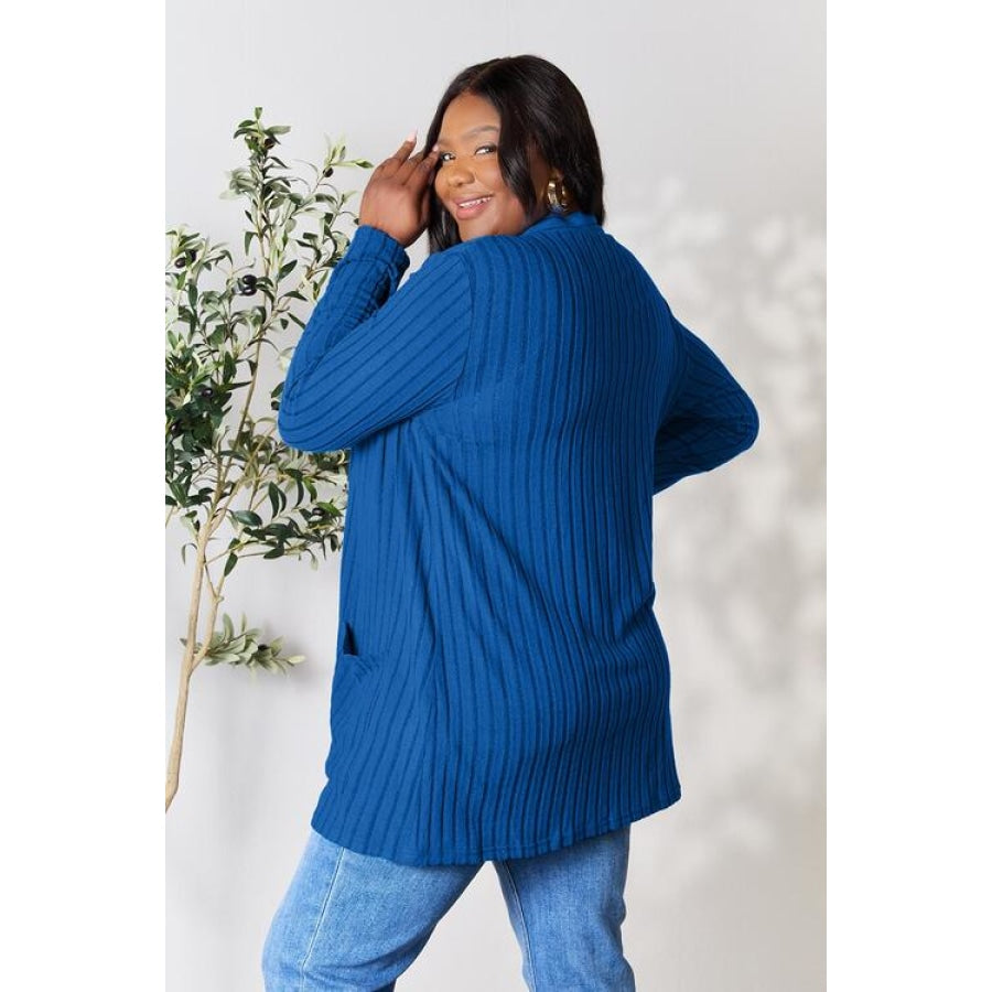 Basic Bae Full Size Ribbed Open Front Cardigan with Pockets Navy / S Clothing