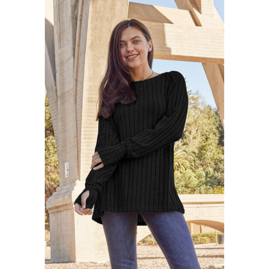Basic Bae Full Size Ribbed Round Neck Long Sleeve Knit Top Black / S Clothing
