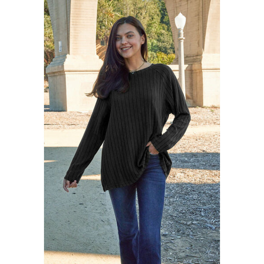 Basic Bae Full Size Ribbed Round Neck Long Sleeve Knit Top Black / S Clothing