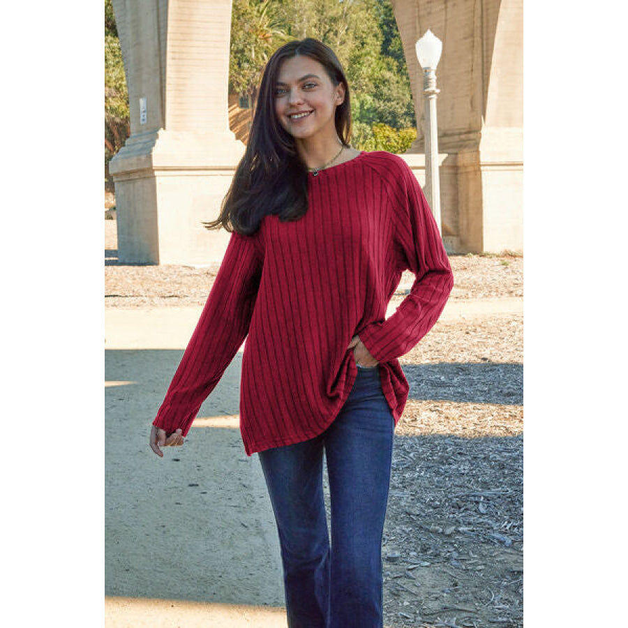 Basic Bae Full Size Ribbed Round Neck Long Sleeve Knit Top Scarlet / S Clothing