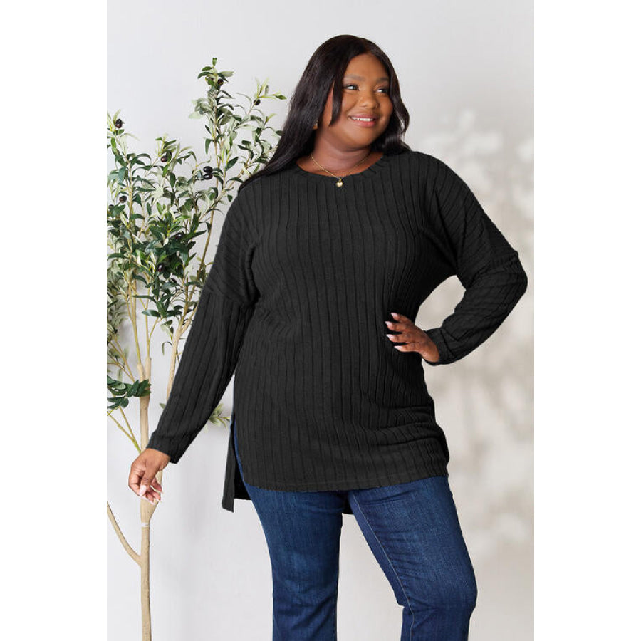 Basic Bae Full Size Ribbed Round Neck Long Sleeve Slit Top Black / S Shirts & Tops
