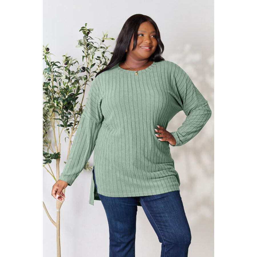 Basic Bae Full Size Ribbed Round Neck Long Sleeve Slit Top Gum Leaf / S Shirts & Tops