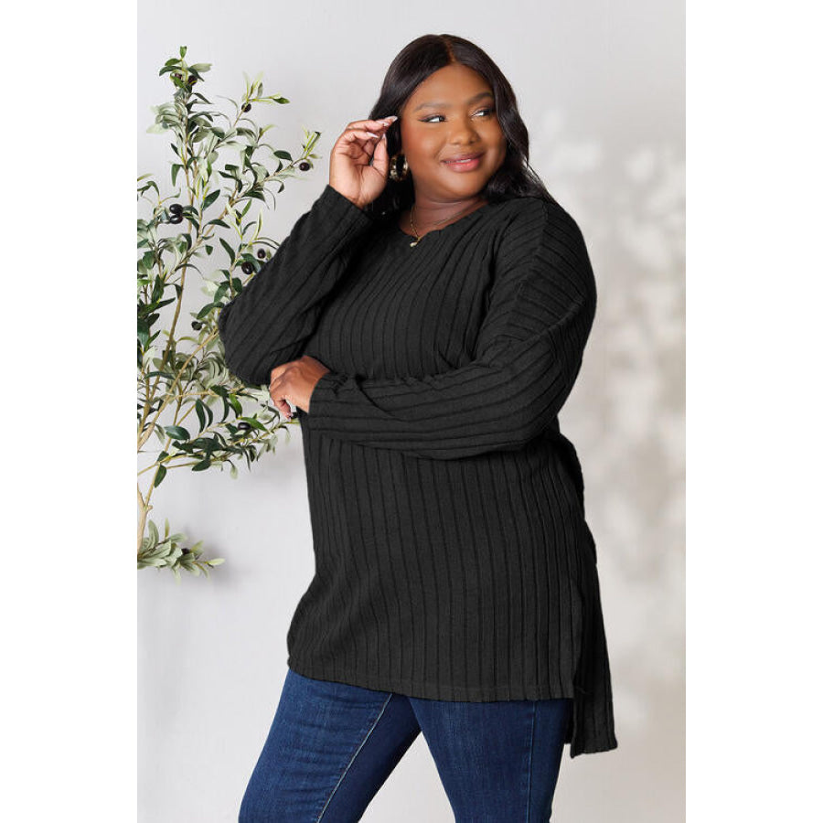 Basic Bae Full Size Ribbed Round Neck Long Sleeve Slit Top Shirts & Tops