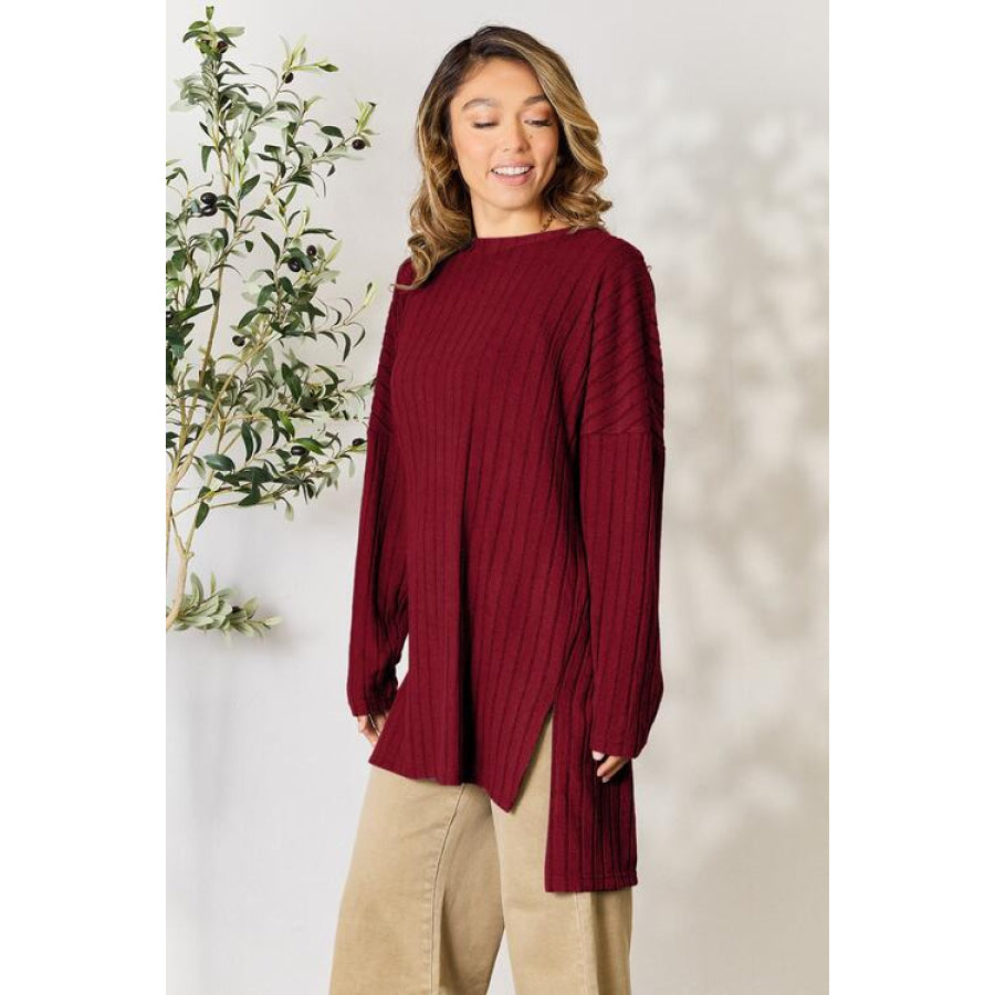 Basic Bae Full Size Ribbed Round Neck Long Sleeve Slit Top Shirts & Tops