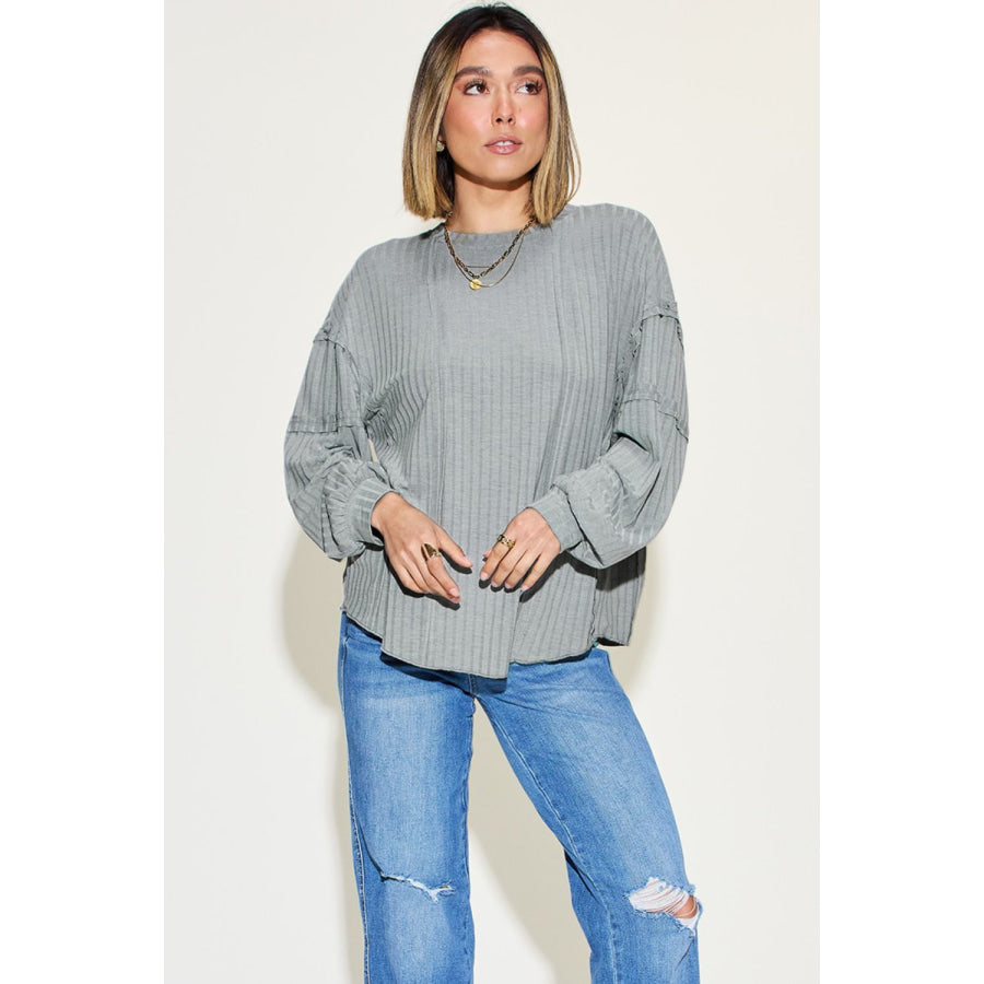 Basic Bae Full Size Ribbed Round Neck Long Sleeve T-Shirt Apparel and Accessories