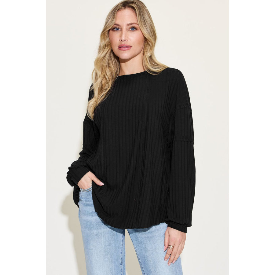 Basic Bae Full Size Ribbed Round Neck Long Sleeve T-Shirt Black / S Apparel and Accessories