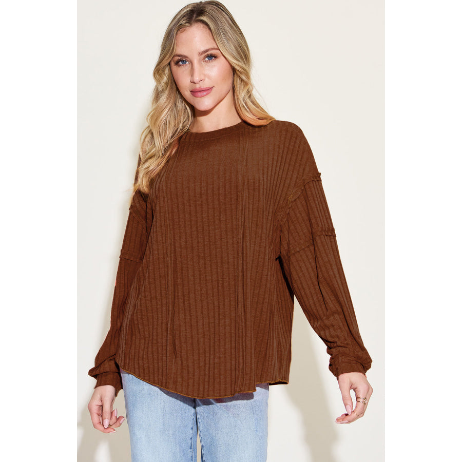 Basic Bae Full Size Ribbed Round Neck Long Sleeve T-Shirt Burnt Umber / S Apparel and Accessories