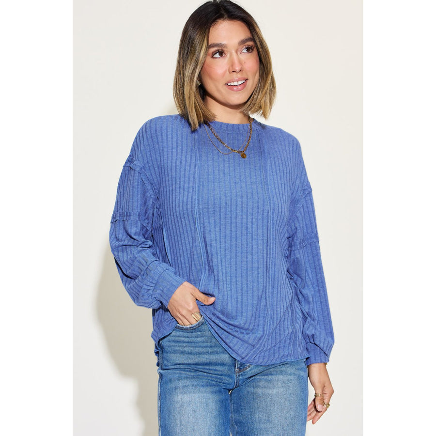 Basic Bae Full Size Ribbed Round Neck Long Sleeve T-Shirt Dusty Blue / S Apparel and Accessories