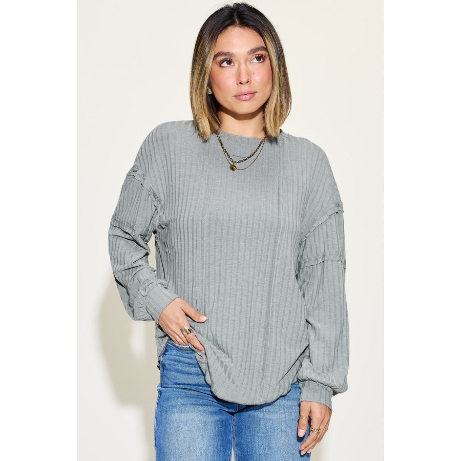 Basic Bae Full Size Ribbed Round Neck Long Sleeve T-Shirt Heather Gray / S Apparel and Accessories