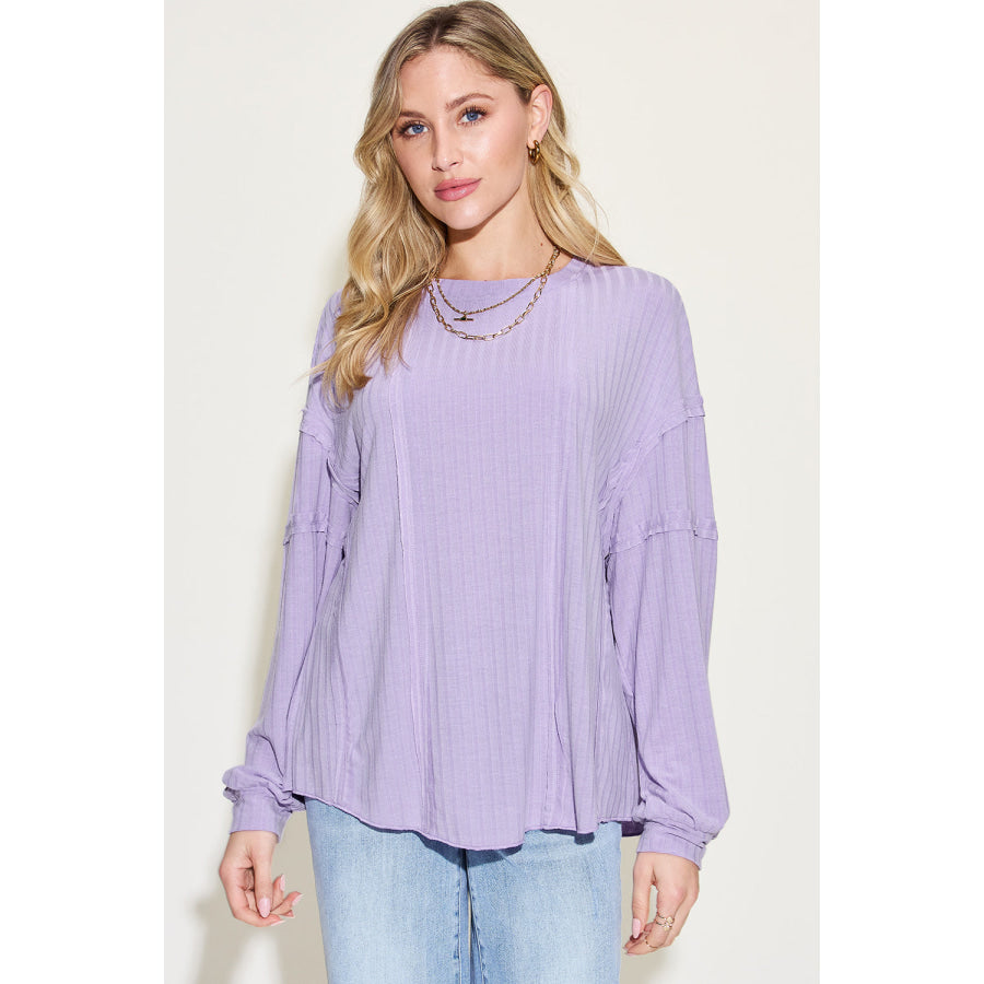 Basic Bae Full Size Ribbed Round Neck Long Sleeve T-Shirt Lavender / S Apparel and Accessories