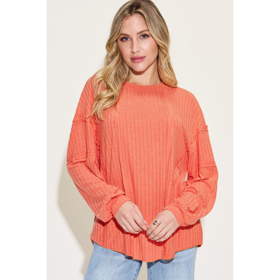 Basic Bae Full Size Ribbed Round Neck Long Sleeve T-Shirt Orange / S Apparel and Accessories