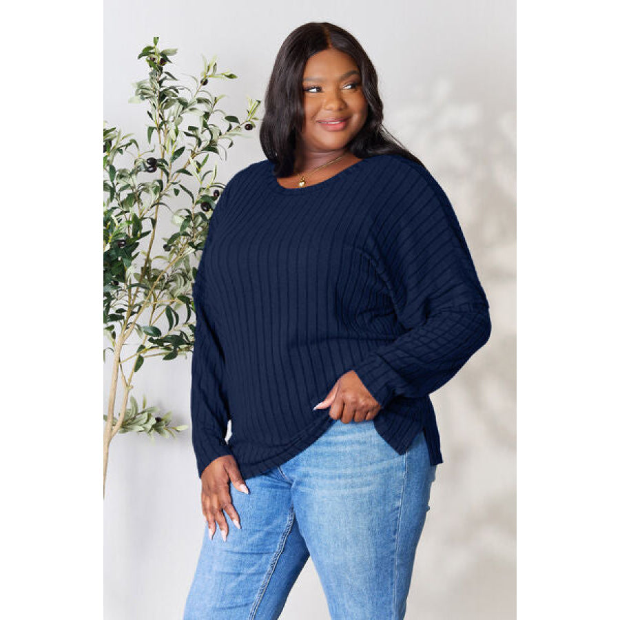 Basic Bae Full Size Ribbed Round Neck Slit Knit Top Clothing