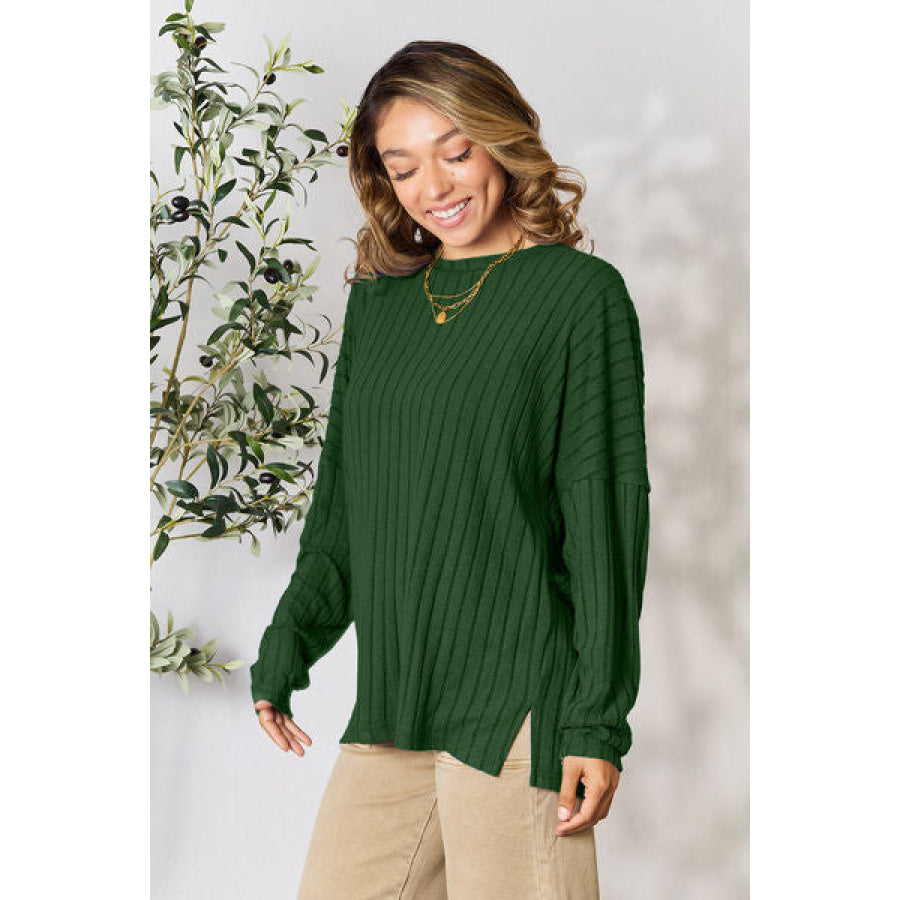 Basic Bae Full Size Ribbed Round Neck Slit Knit Top Clothing