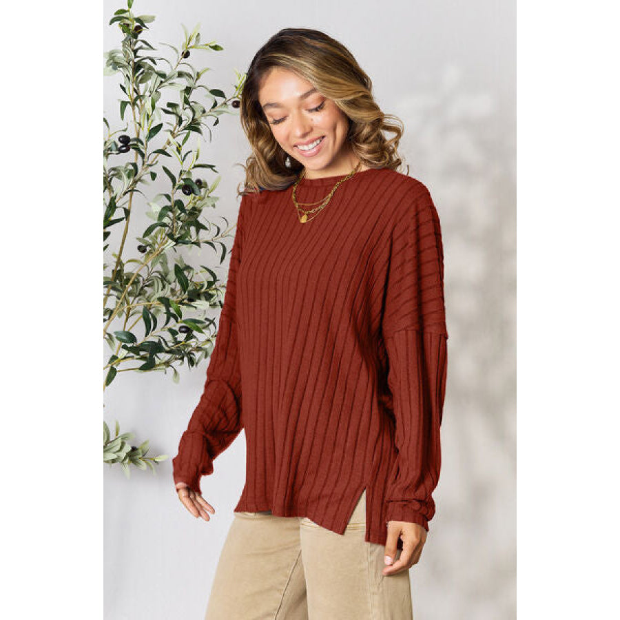 Basic Bae Full Size Ribbed Round Neck Slit Knit Top Clothing