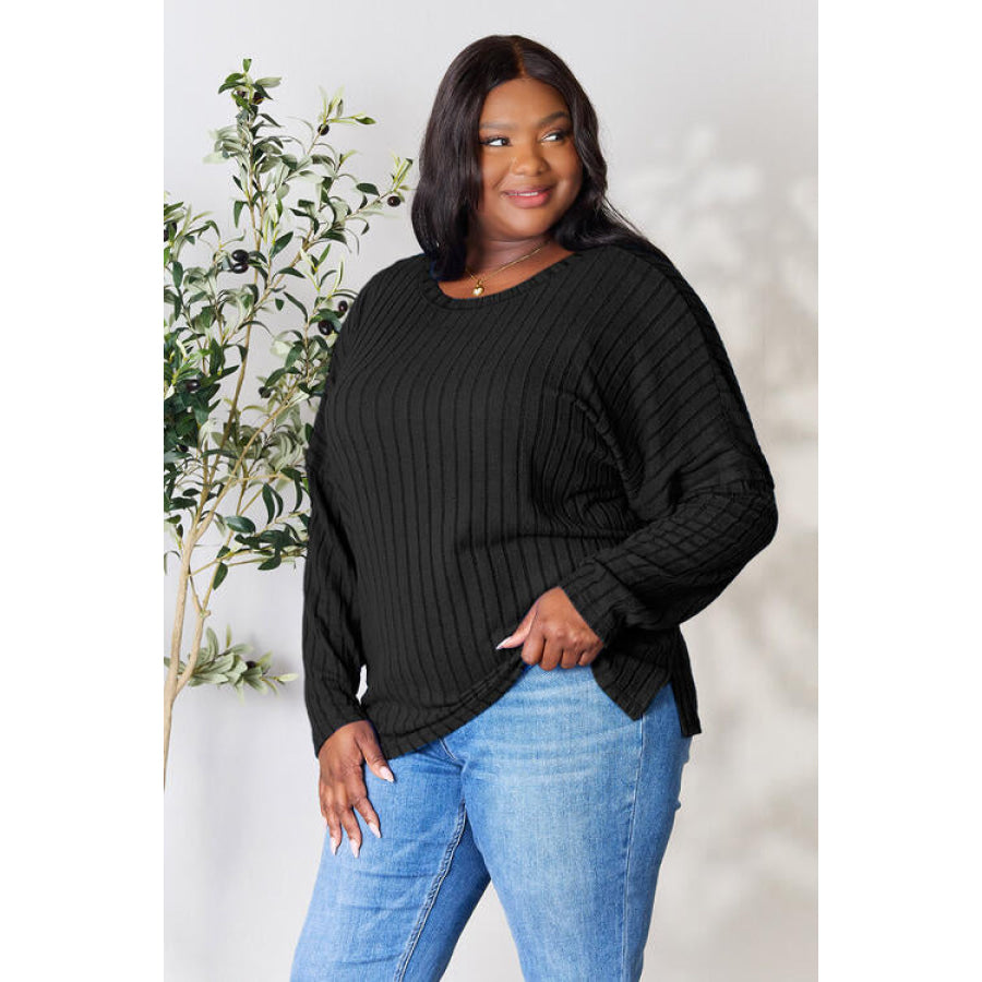 Basic Bae Full Size Ribbed Round Neck Slit Knit Top Clothing