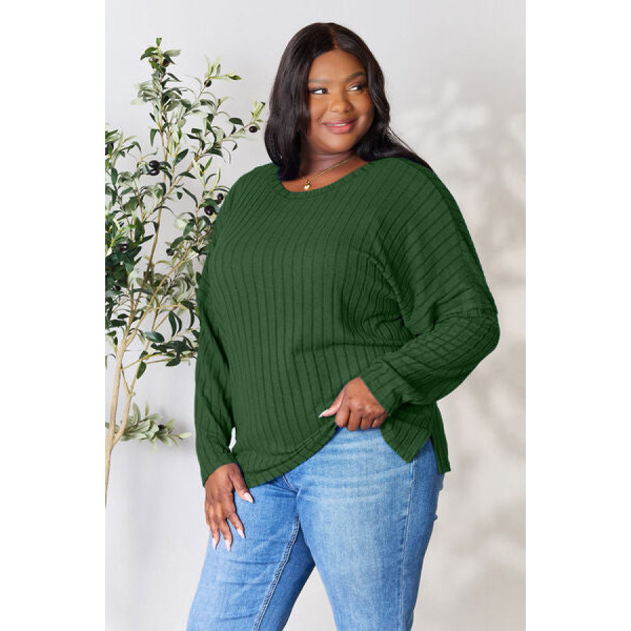 Basic Bae Full Size Ribbed Round Neck Slit Knit Top Clothing