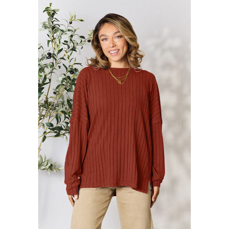 Basic Bae Full Size Ribbed Round Neck Slit Knit Top Clothing