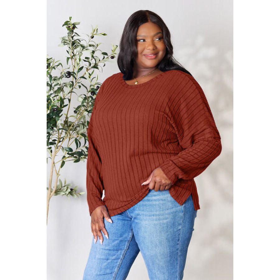 Basic Bae Full Size Ribbed Round Neck Slit Knit Top Clothing