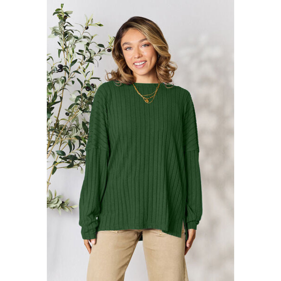Basic Bae Full Size Ribbed Round Neck Slit Knit Top Clothing