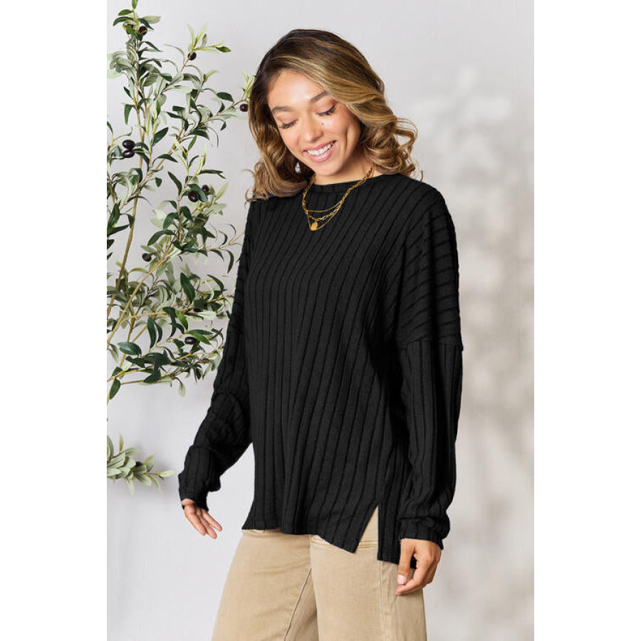 Basic Bae Full Size Ribbed Round Neck Slit Knit Top Clothing