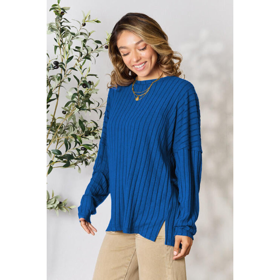 Basic Bae Full Size Ribbed Round Neck Slit Knit Top Clothing