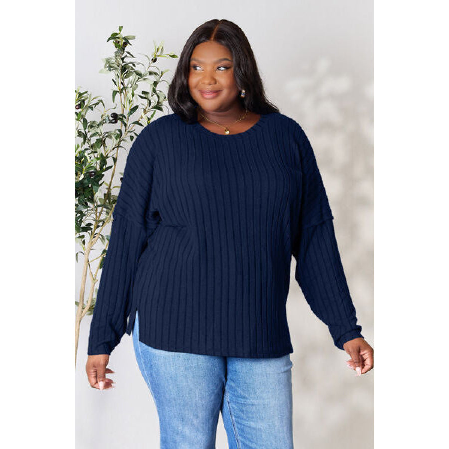 Basic Bae Full Size Ribbed Round Neck Slit Knit Top Navy / S Clothing