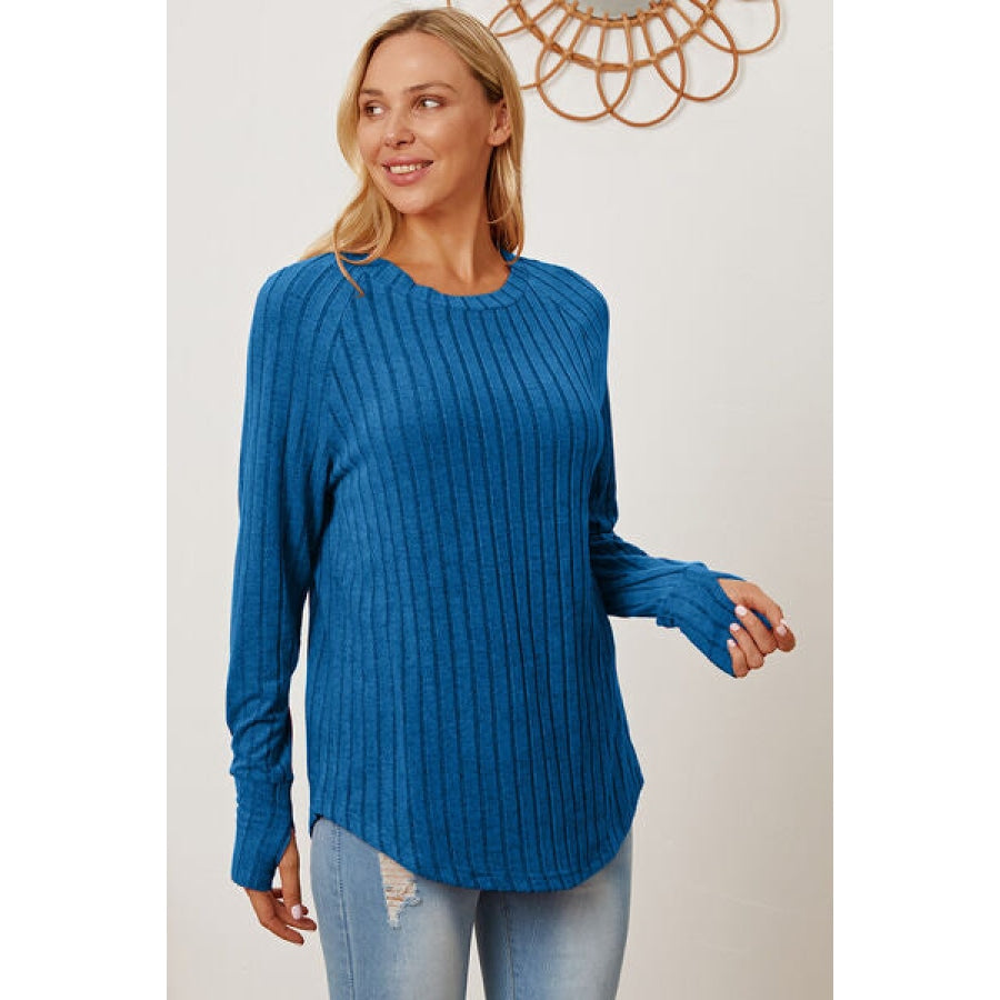 Basic Bae Full Size Ribbed Thumbhole Sleeve T-Shirt Sky Blue / S Clothing
