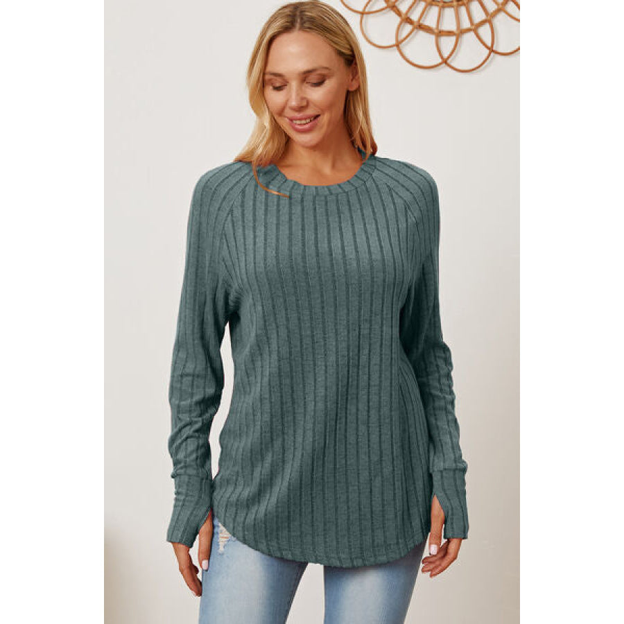 Basic Bae Full Size Ribbed Thumbhole Sleeve T-Shirt Teal / S Clothing