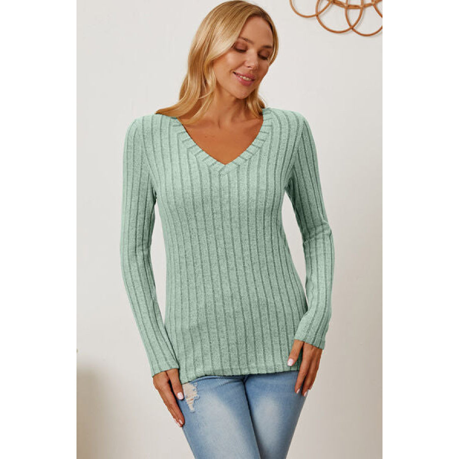 Basic Bae Full Size Ribbed V-Neck Long Sleeve T-Shirt Clothing