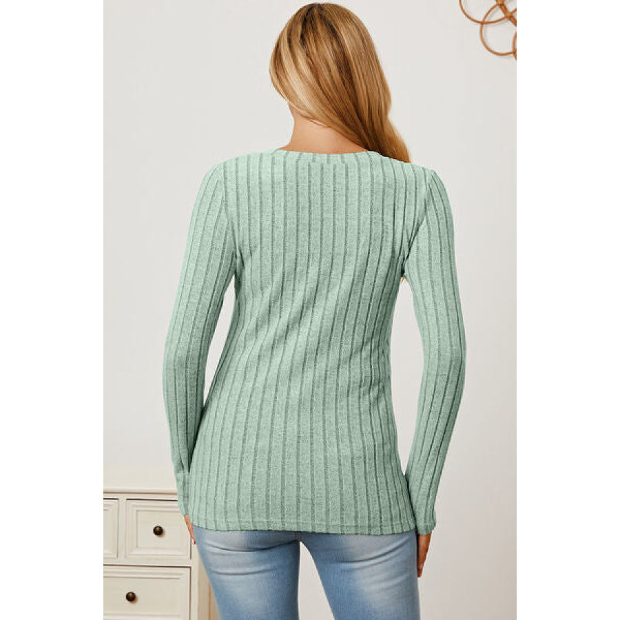 Basic Bae Full Size Ribbed V-Neck Long Sleeve T-Shirt Gum Leaf / S Clothing