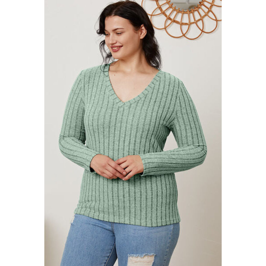 Basic Bae Full Size Ribbed V-Neck Long Sleeve T-Shirt Clothing