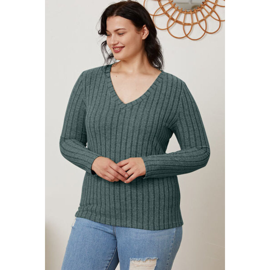 Basic Bae Full Size Ribbed V-Neck Long Sleeve T-Shirt Clothing