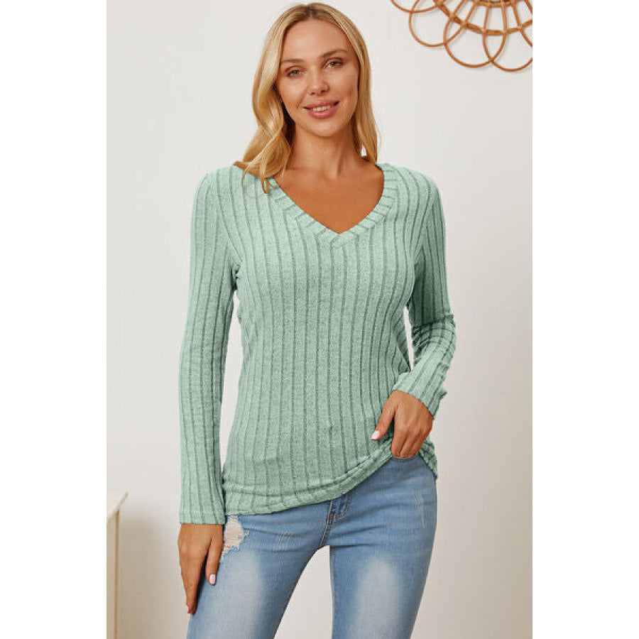 Basic Bae Full Size Ribbed V-Neck Long Sleeve T-Shirt Clothing