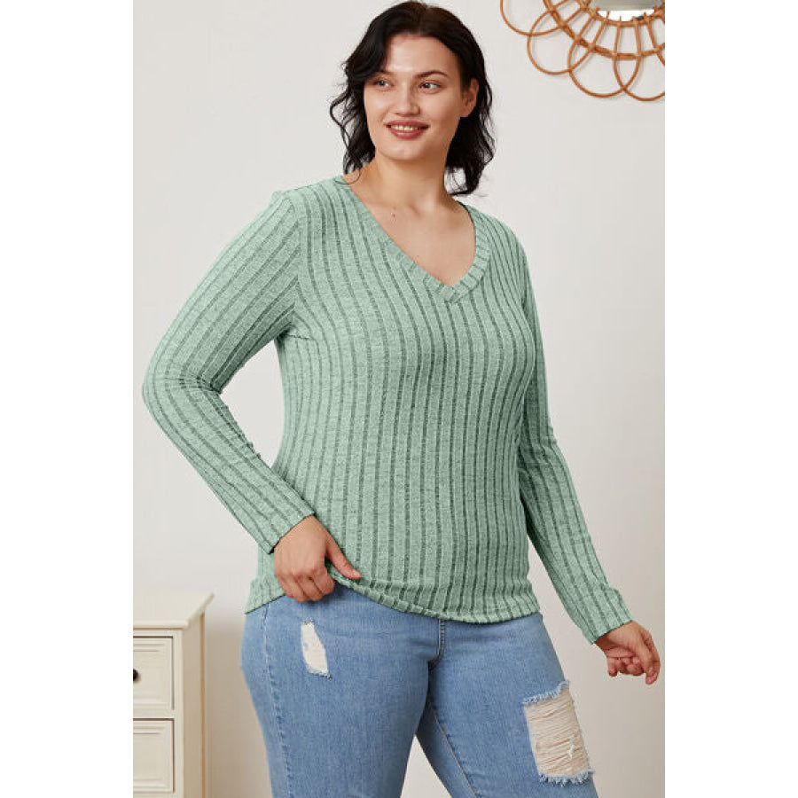 Basic Bae Full Size Ribbed V-Neck Long Sleeve T-Shirt Clothing