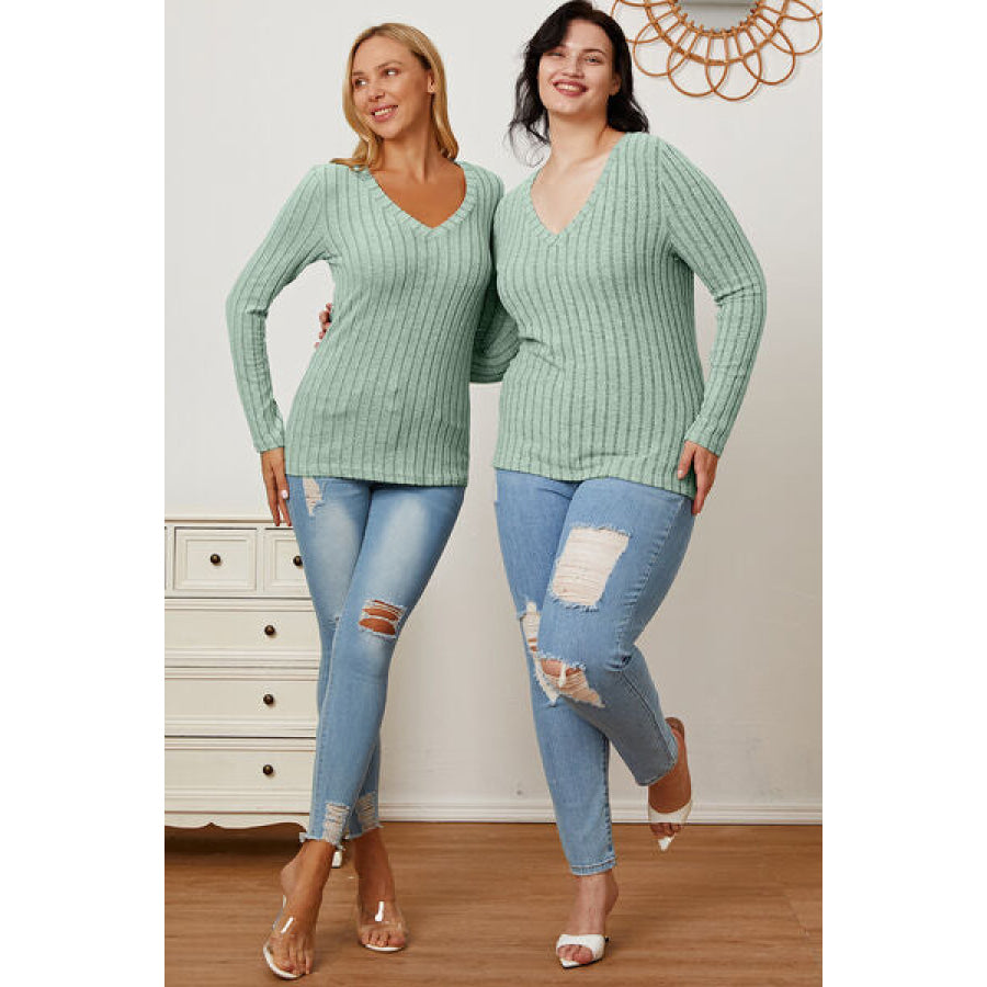 Basic Bae Full Size Ribbed V-Neck Long Sleeve T-Shirt Clothing